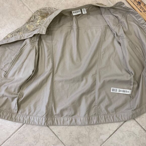 Chico's Platinum Jacket Taupe Gold Lace Overlay Open Front Size 3 ( X- Large ) - Picture 11 of 11